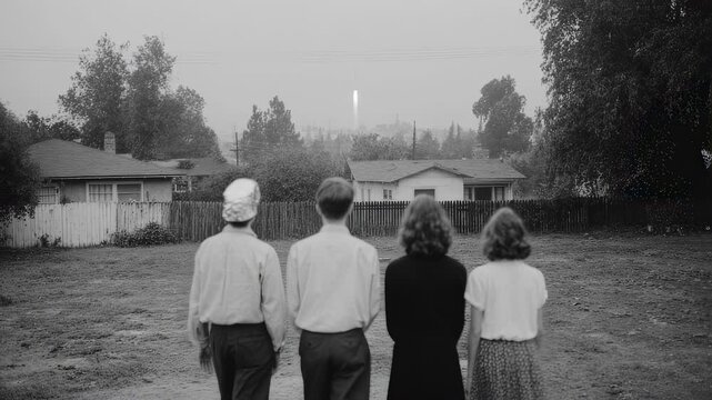 Unidentified group observes UFO in night sky. Vintage black and white footage of mysterious flying object sighting. Extraterrestrial encounter concept for sci-fi or conspiracy theory