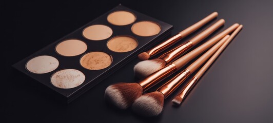 The collection of makeup brushes and palette for flawless beauty application