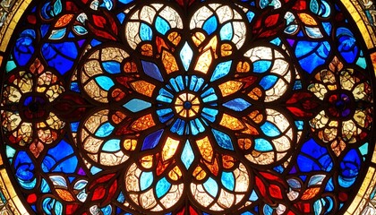 Vibrant Stained Glass Rose Window: Intricate Blue, Red, Gold Detail