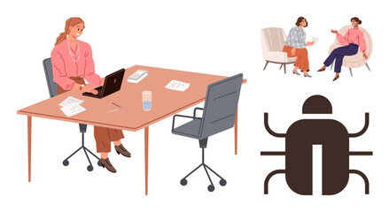 Woman typing on laptop at desk with documents and coffee, two coworkers discussing on armchairs, and bug as a challenge metaphor. Ideal for teamwork, productivity, problem-solving, collaboration