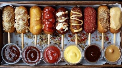 different types of corn dogs, covered in ketchup and mustard box set 