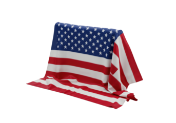 A vibrant draped american flag with red and white stripes and a blue field with white stars, showcasing visible textures and natural folds, isolated on a transparent studio background with bright,