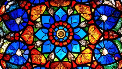 Vibrant Stained Glass Window Abstract: Floral Symmetry in Blue & Or...
