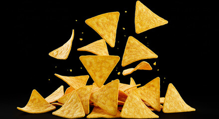 Falling corn chips, hot Mexican nachos isolated on black background.AI generative