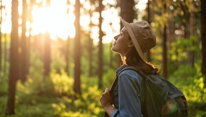 Woman hiker in forest at sunset, enjoying nature and adventure