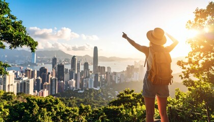 Woman Hiker Points to Hong Kong Skyline at Sunset with Sun Flare