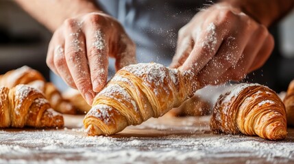 Baker's hands dusting fresh, golden croissants with powdered sugar.