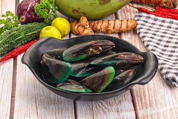 Raw fresh green wild mussels seafood