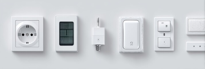 A row of minimalist white electrical wall plates, including an outlet, dimmer, light switch, and smart plugs, displayed against a seamless white backdrop