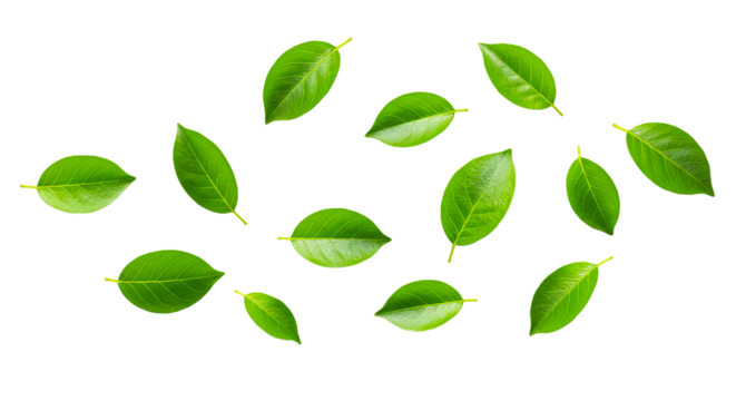 Falling random green leaves on white background.AI generative