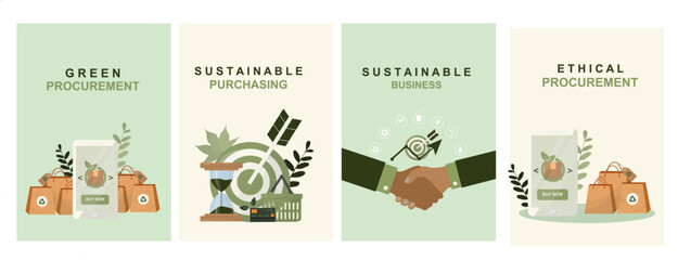 Sustainable business procurement set. Green purchasing ethical sourcing concept poster. Corporate responsibility handshake for marketing presentations. Flat style. Vector illustration