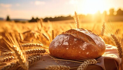 Artisan Sourdough Bread in Golden Wheat Field at Sunset, Rustic Har...