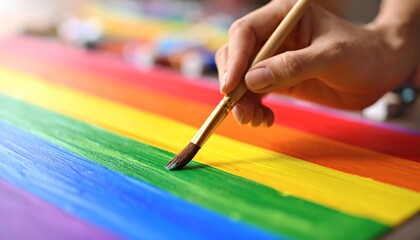 Artist paints rainbow flag with brush, close-up on hand and colors