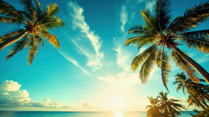 Tropical beach scene with palm trees against a blue sky with wispy clouds and the sun setting over the ocean horizon