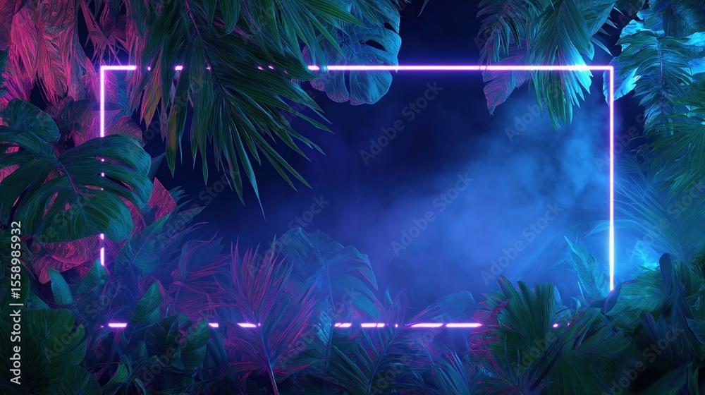 Poster neon rectangle shape glowing in a tropical jungle at night in 80s synthwave style