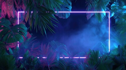Neon rectangle shape glowing in a tropical jungle at night in 80s synthwave style