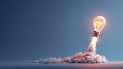 A lightbulb taking off like a rocket, symbolizing innovative ideas, creativity and progress, with a powerful thrust against a blue backdrop.