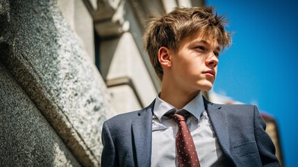 photo of teenage  Caucasian boy in business attire look handsome at outdoor sunny day