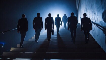Businessmen Ascend Stairs in Dramatic Backlit Silhouette