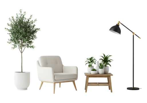 Tall olive tree, off-white armchair, rustic side table with house plants in white vases, and black floor lamp isolated on a seamless transparent studio background, ultra realistic commercial product