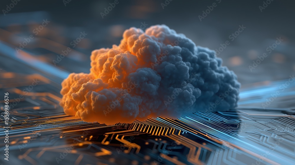 Poster futuristic glowing cloud icon on digital circuit board background, symbolizing modern cloud computin