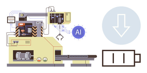Automated machine with AI interface, conveyor system, robotic arm, and control panel. Ideal for technology, AI, manufacturing, automation, industrial design engineering concepts simple flat