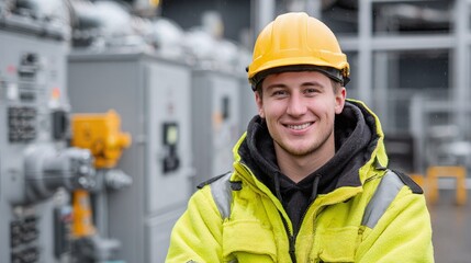 Portrait of smiling worker wearing safety gear. A job site for utility, power, energy. Hardhat, fluorescent jacket, safety. Industrial, construction, teamwork.