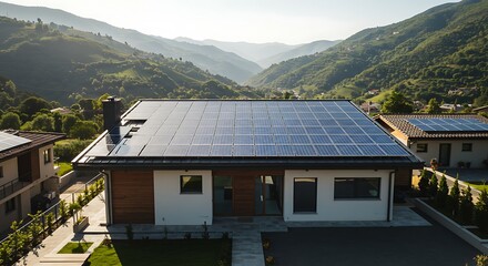 Obraz premium Modern House with Full Solar Panel Roof in Mountain Valley