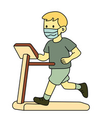  Flat vector of a man running on treadmill with a face mask for safety.