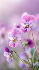 Fototapeta premium Close up shot of delicate pansy flowers with purple and pink petals in a soft, dreamy background