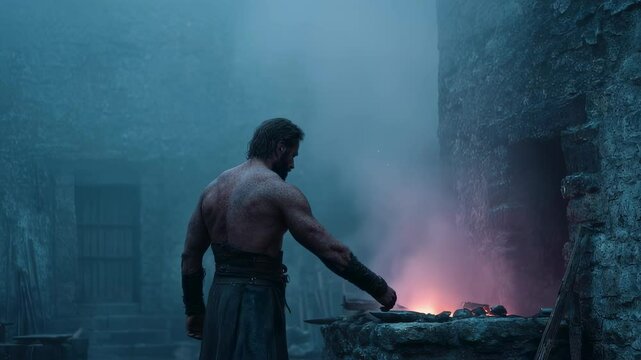 Shirtless man in dark, misty forest standing by glowing fire. Atmospheric scene with mystical ambiance. Fantasy or adventure concept for book cover or movie poster.