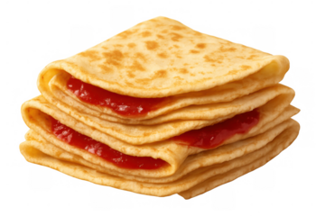 Four folded crepes forming a tempting stack, filled with red fruit jam, isolated on a transparent background