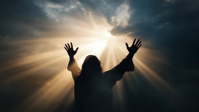 Person reaching for sunlight rays hope and faith concept spiritual light and prayer worship