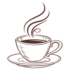 Vector Illustration of a Steaming Coffee Cup on a Saucer, Brown Line Art