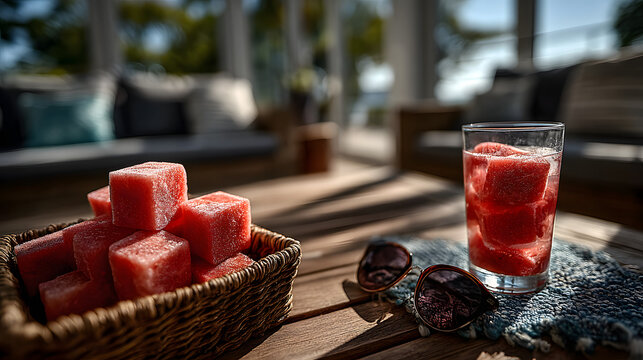 Wassermelonen-Eisw&uuml;rfel und Sonnenbrille auf Tisch &ndash; perfekte Sommererfrischung
