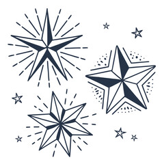 Hand-Drawn Nautical Stars in Navy Ink on White Background, Celestial Elements