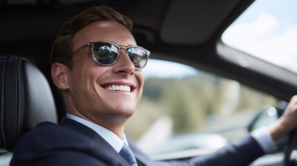 Smiling businessman in a suit and sunglasses driving a car. Confident and stylish, showcasing success and modern lifestyle in a transportation setting.
