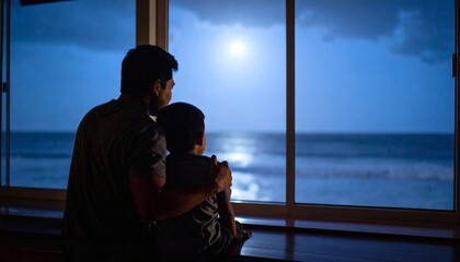 Father and Son Watching Full Moon Over Ocean from Window at Night