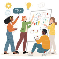 create vector bold stroke of cartoon startup team 