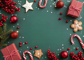 Festive christmas flat lay with red berries ornaments gingerbread cookies candy canes gifts and star confetti on a dark green background