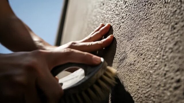Close-up video of a person scrubbing a textured wall with a brush, cleaning and restoring the surface