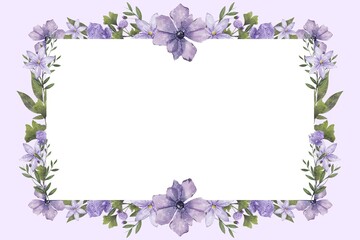 Purple flowers greeting card. Design template of greeting card. Congratulation, happy birthday, happy weeding, happy anniversary, invitation card