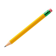 A classic, freshly sharpened, bright yellow wooden pencil with a vibrant pink eraser and shiny green metal ferrule, presented on a transparent seamless background with no shadows and perfect studio