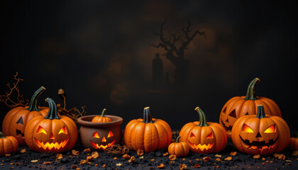 Spooky halloween pumpkins festive setting decorative display dark environment close-up view seasonal concept