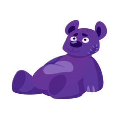 Old teddy bear with patches, cartoon animal doll, lonely thrown sad plush bear toy sitting vector flat illustration