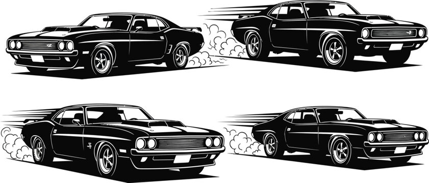 Four black and white illustrations of classic muscle cars are depicted with speed lines and tire smoke, showcasing vintage automotive design