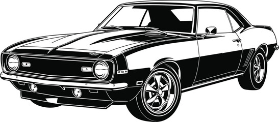 A black and white classic muscle car is isolated on white background, highlighting its vintage design and powerful engine
