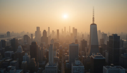 Fototapeta premium Golden Hour Skyline A Stunning Aerial View of Cityscape at Sunrise