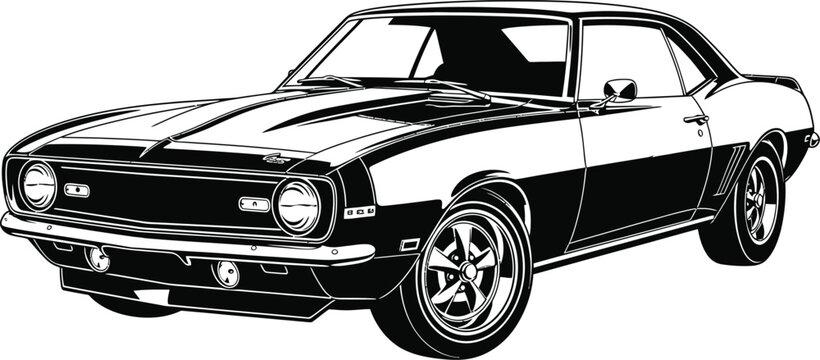 A black and white classic muscle car is isolated on white background, highlighting its vintage design and powerful engine