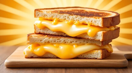 A delicious grilled cheese sandwich with melted cheese, served on a wooden board